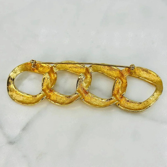 Vintage Curb Link Bar Brooch Chunky Statement Gold-tone 80s 90s Estate - Picture 2 of 9